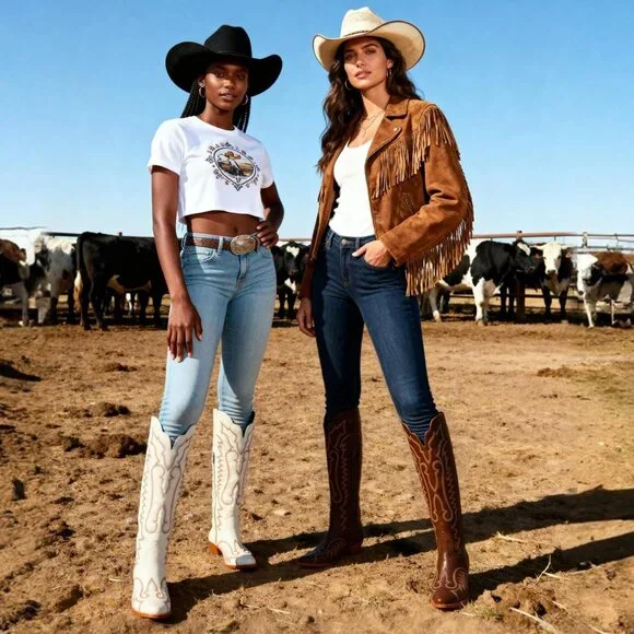 Women's White Western Cowboy Boots Knee High Chunky Heel Embroidery Boots - Picture 3 of 7